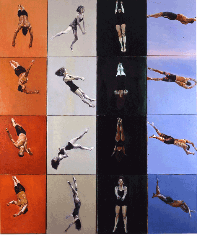 Circus Painting of Four Circular Movements by Rotating Acrobats.